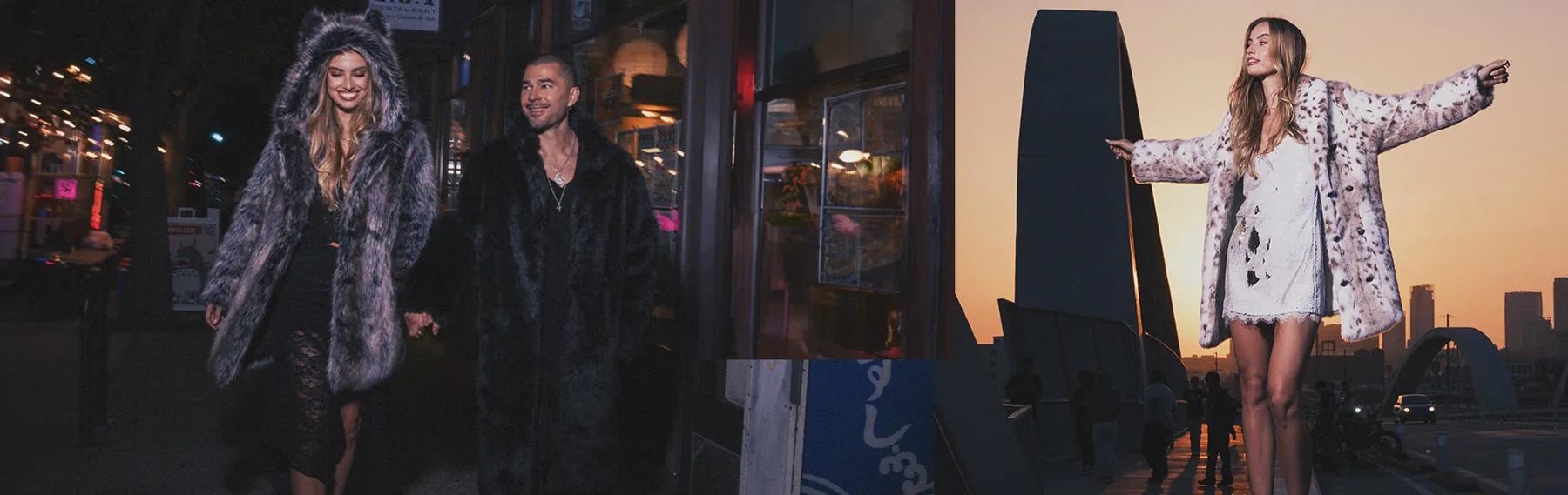 Smiling woman wearing a grey faux fur coat with hood and ears walking down a city street with a man wearing a black faux fur coat.