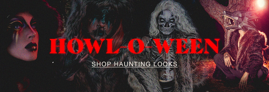 Banner image showing multiple people in halloween costumes with red text HOWL-O-WEEN shop haunting looks