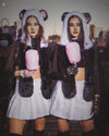 Panda Cherry Blossom Bear Faux Fur Hood on Two Female Models