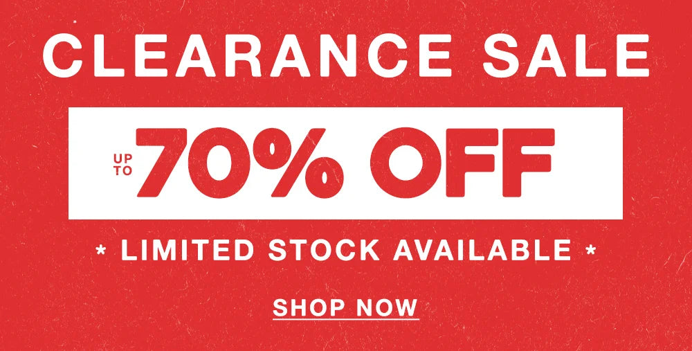 RED GRAPHIC WITH WHITE TEXT THAT SAYS CLEARANCE SALE UP TO 70% OFF LIMITED STOCK AVAILABLE 