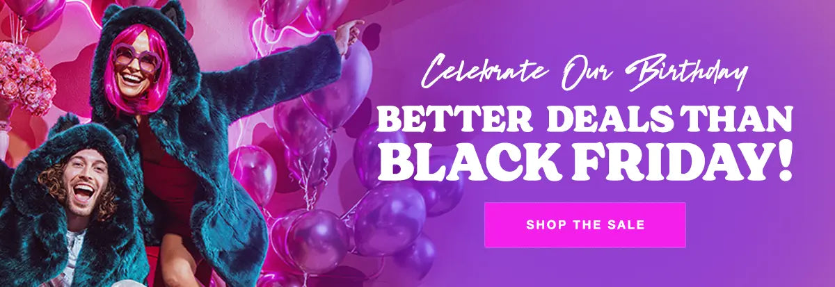 Colorful pink and blue banner with a man and woman wearing blue faux fur coats smiling with balloons and text that says Better Deals Than Black Friday