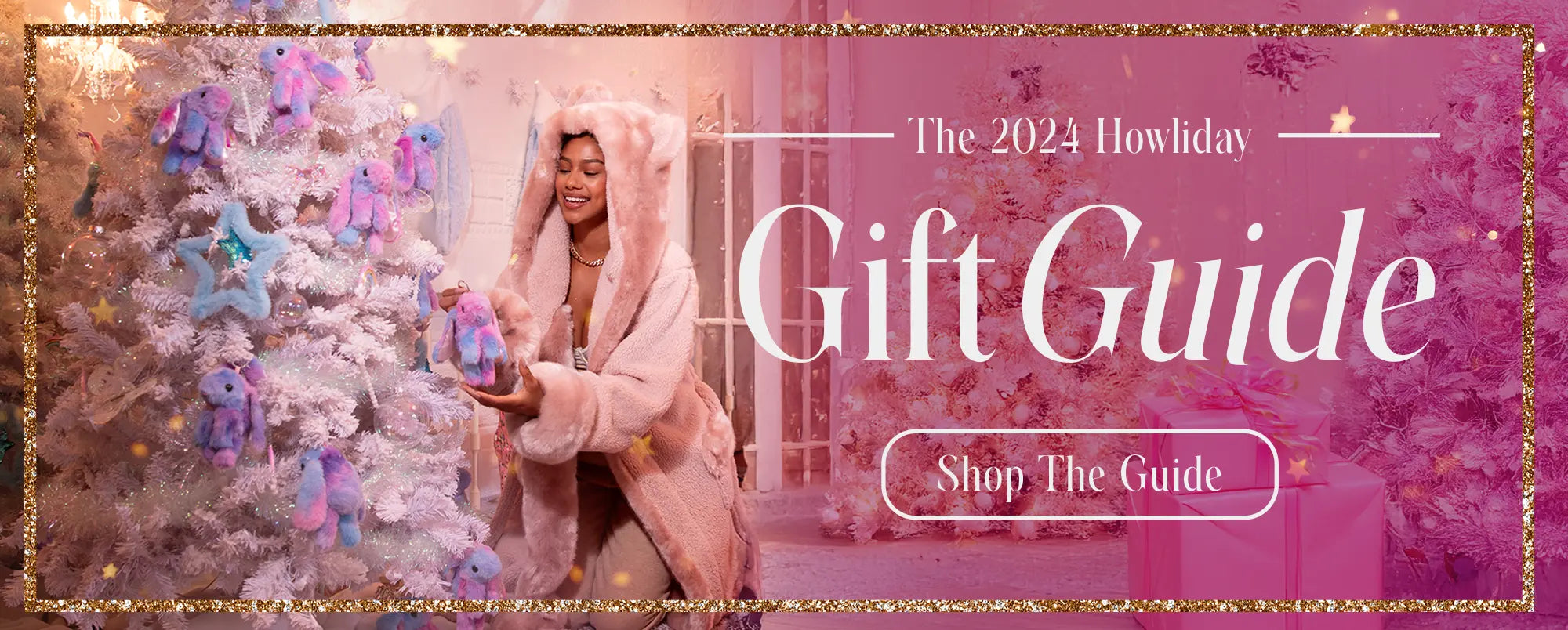 Colorful image with white Christmas tree, pink bunny ornaments, and a woman wearing a light pink faux fur house robe with text that says Gift Guide Shop Now