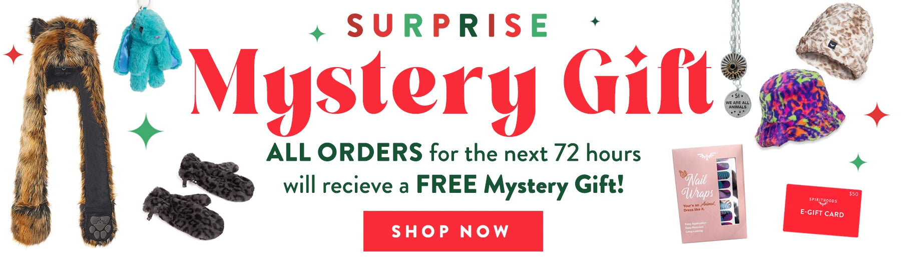 Surprise Mystery Gift banner with necklace, beanie, bunny keychain, mittens, spirithood