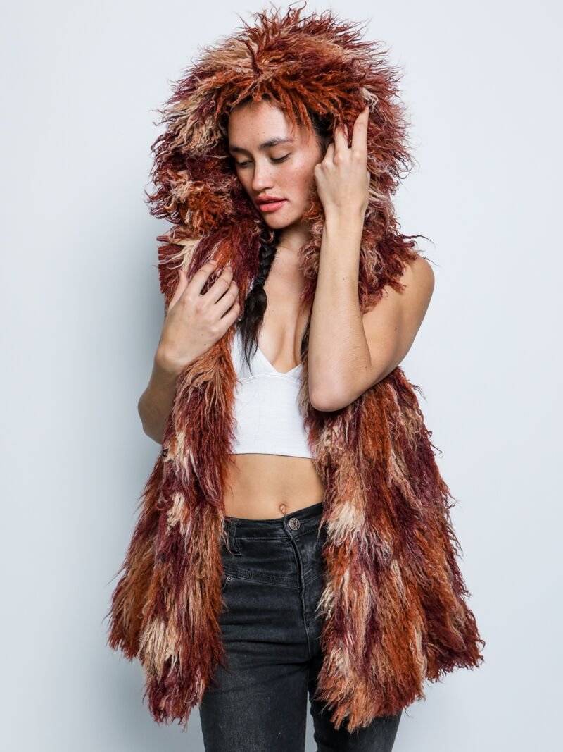 Merlot Alpaca Faux Fur Vest with Hood on Female