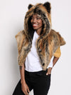 Woman Wearing Red Wolf Faux Fur Shawl