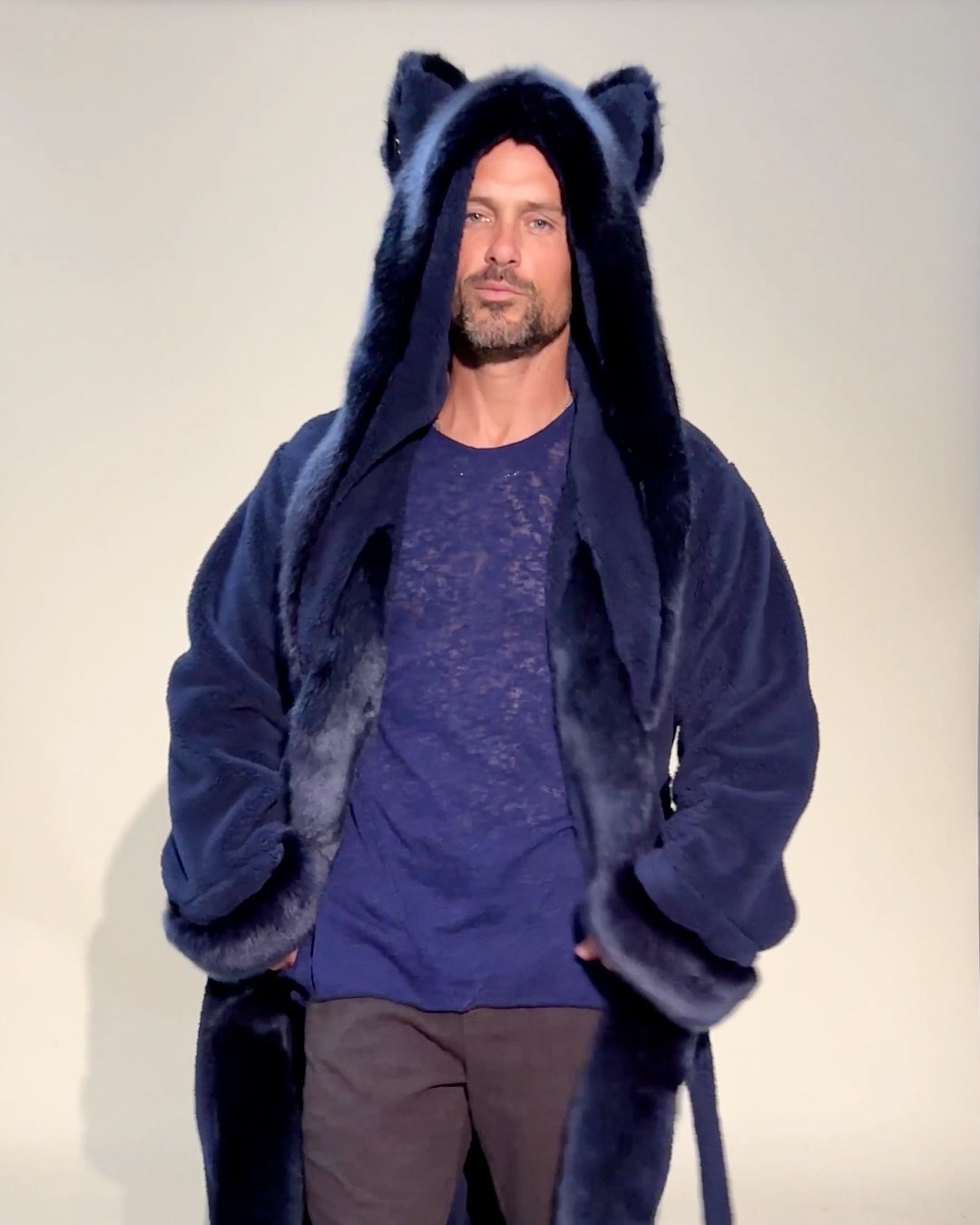 Video of male model wearing the Indigo Wolf Classic robe looking fly AF.