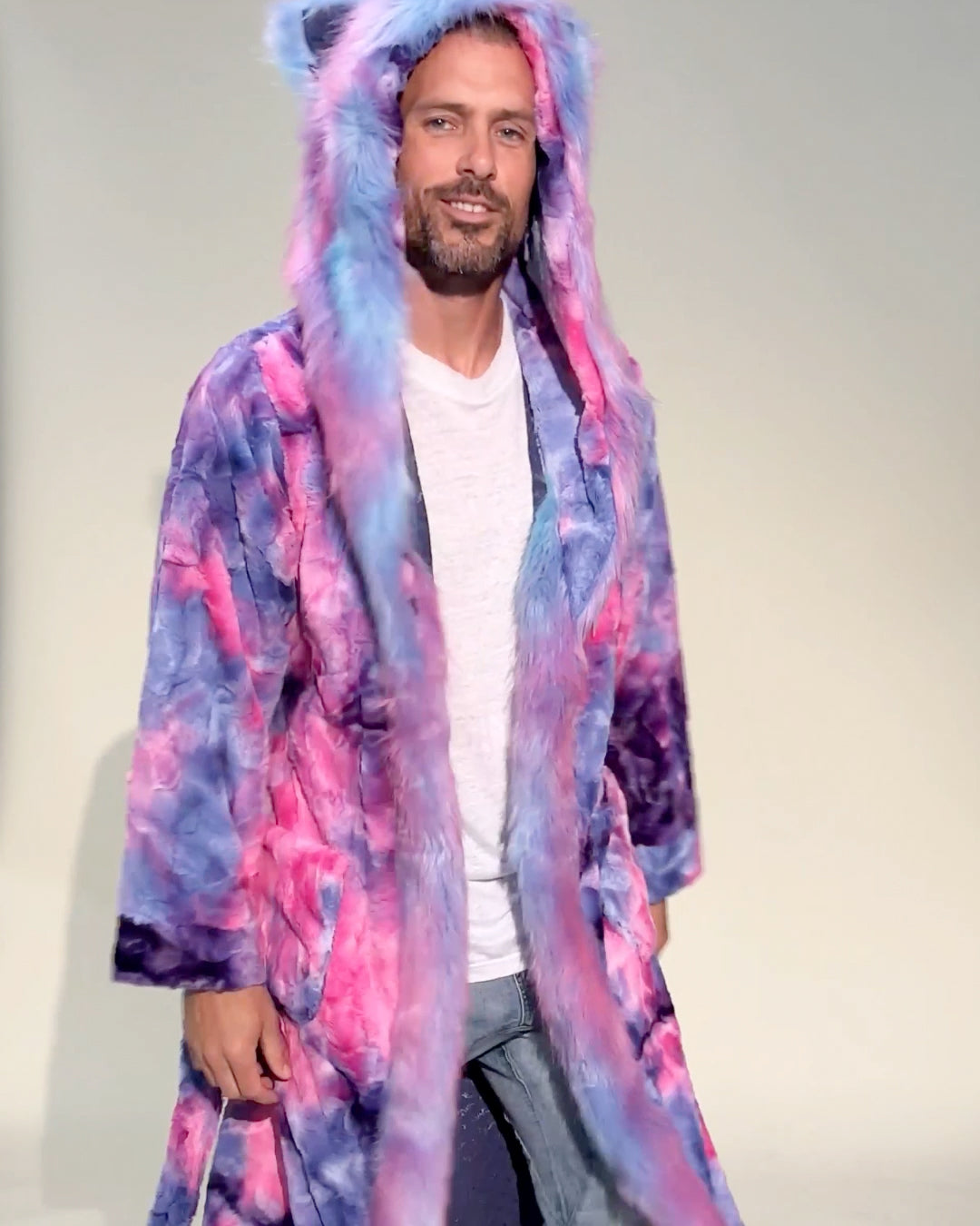 Classic Men's Long Faux Fur Coat | Cotton Candy Cat