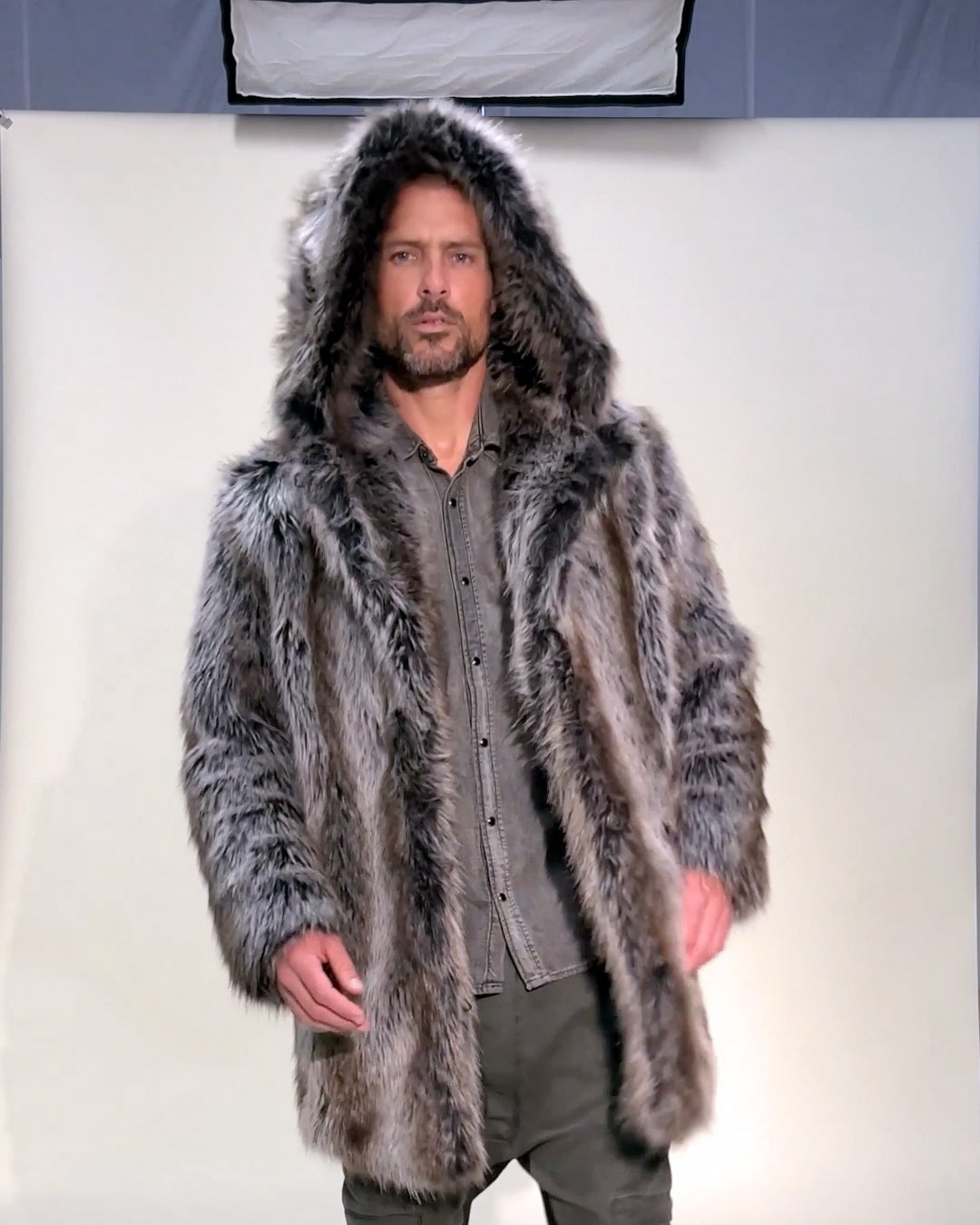 Hooded Men's Faux Fur Coat | Grey Wolf