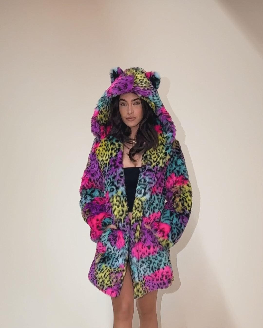 Classic Women's Faux Fur Coat | Neon Graffiti Leopard