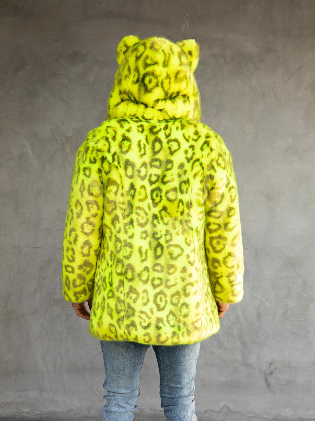 Man wearing Neon Yellow Leopard Luxe Classic Faux Fur Coat, back view 1