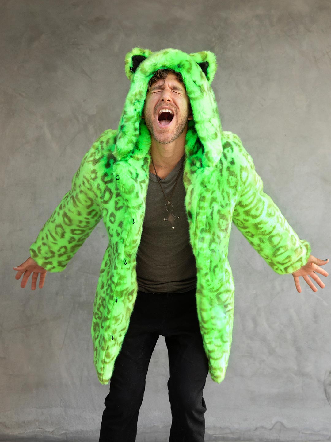 Man wearing Neon Green Leopard Luxe Classic Faux Fur Coat, front view 3