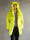 Man wearing Neon Yellow Leopard Luxe Classic Faux Fur Coat, front view 3