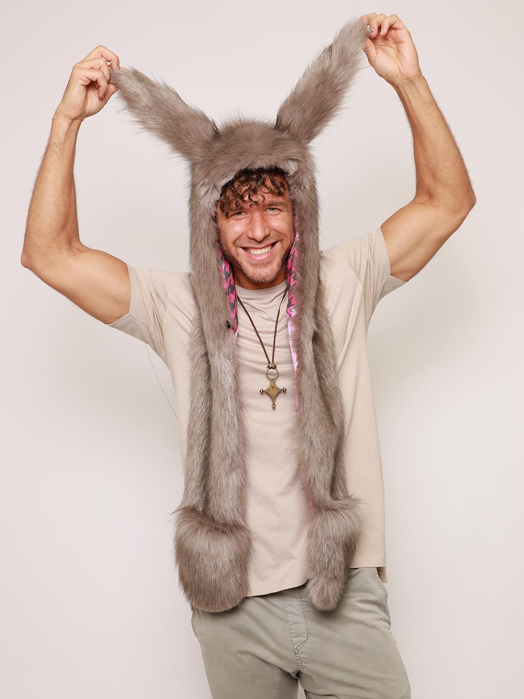 Man wearing faux fur Nasty Rabbit 2.0 Collector Edition SpiritHood, front view 1