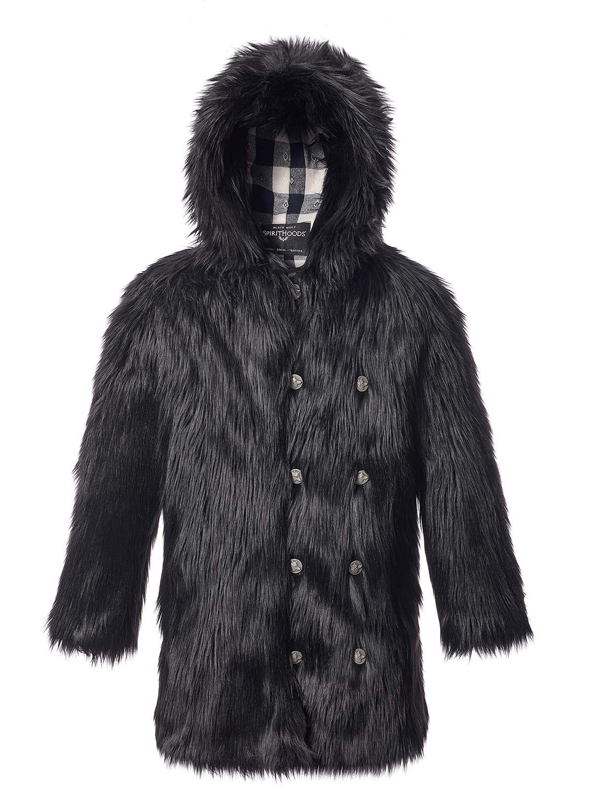 Black Wolf Plaid Hooded Faux Fur Coat