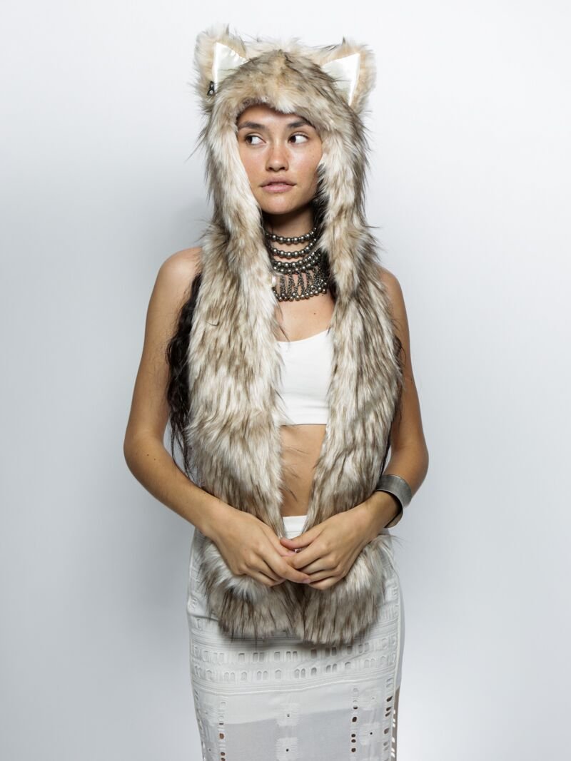 Woman wearing faux fur Platinum Fox CE SpiritHood, front view 1