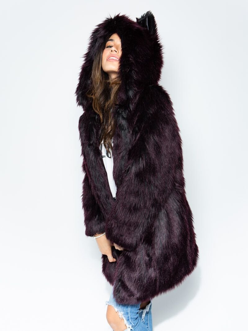 Purple Classic Sangria Wolf CE Faux Fur Coat *Unisex* on Female