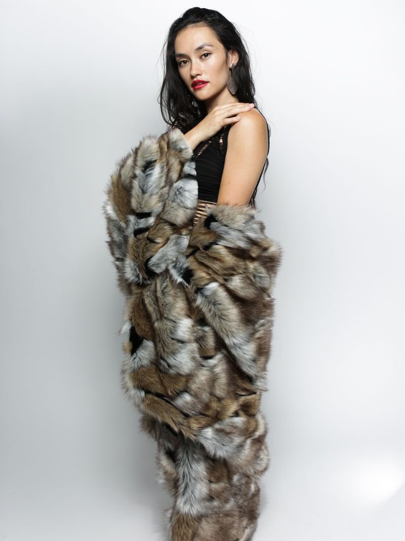 Grey and Brown Faux Fur Wolverine Throw on Female