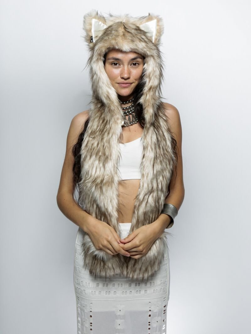 Woman wearing faux fur Platinum Fox CE SpiritHood