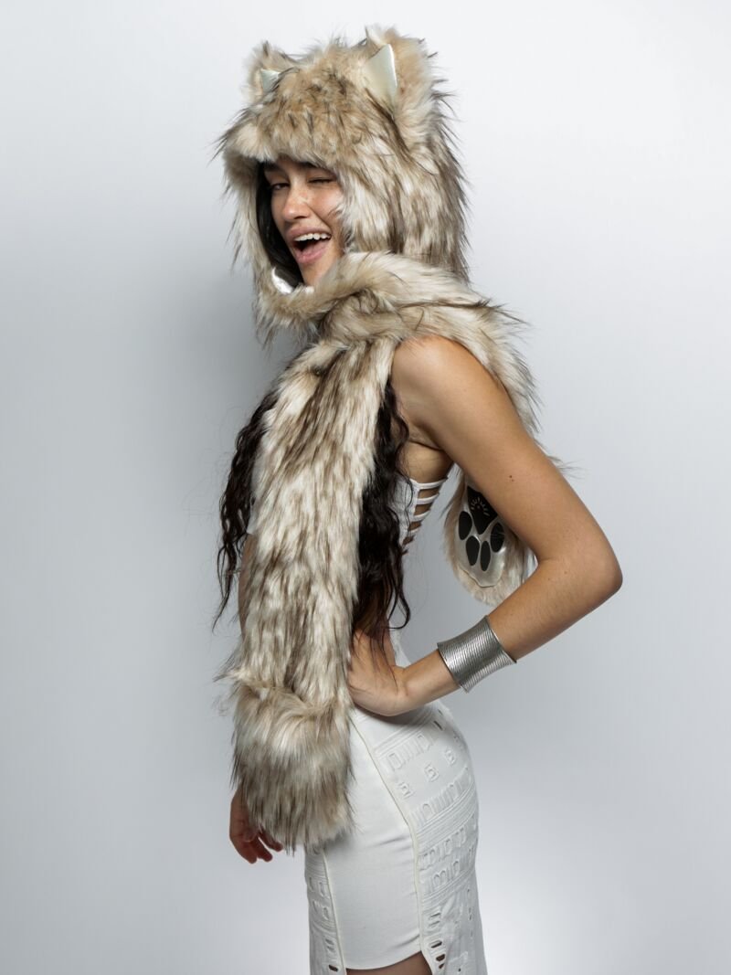 Woman wearing faux fur Platinum Fox CE SpiritHood, side view 1