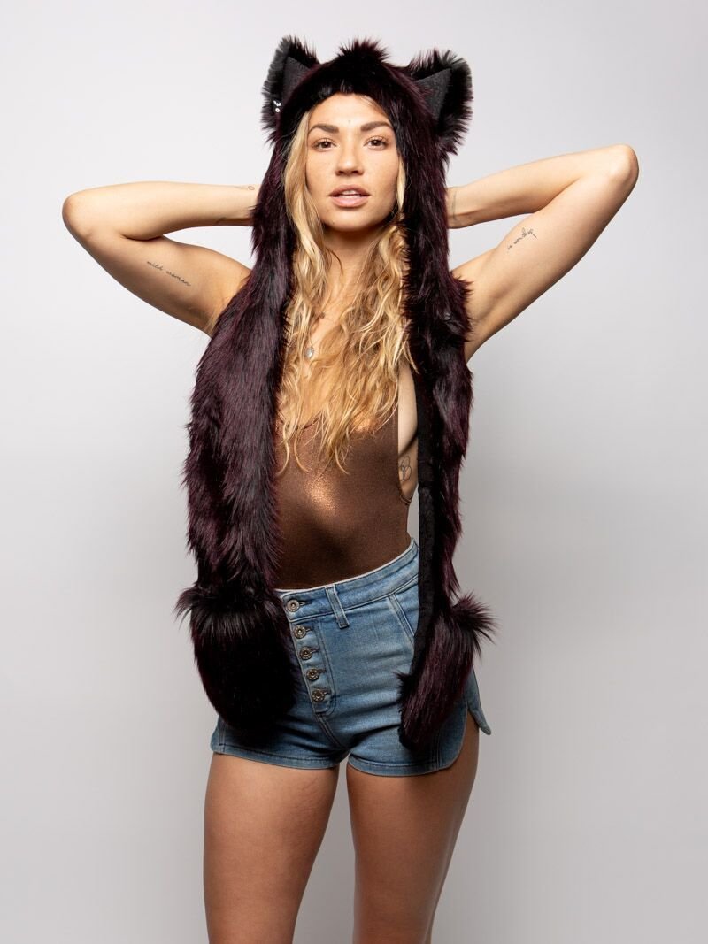 Female Wearing CE Sangria Wolf SpiritHood 