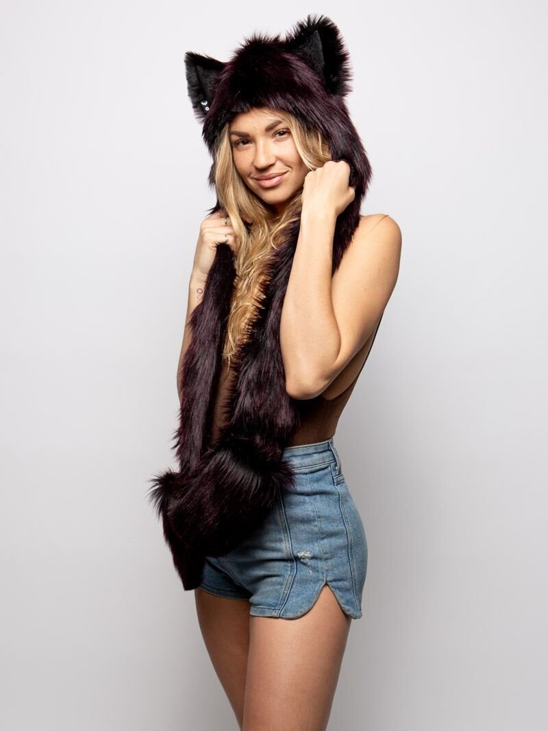 Hooded Faux Fur with Sangria Wolf Design