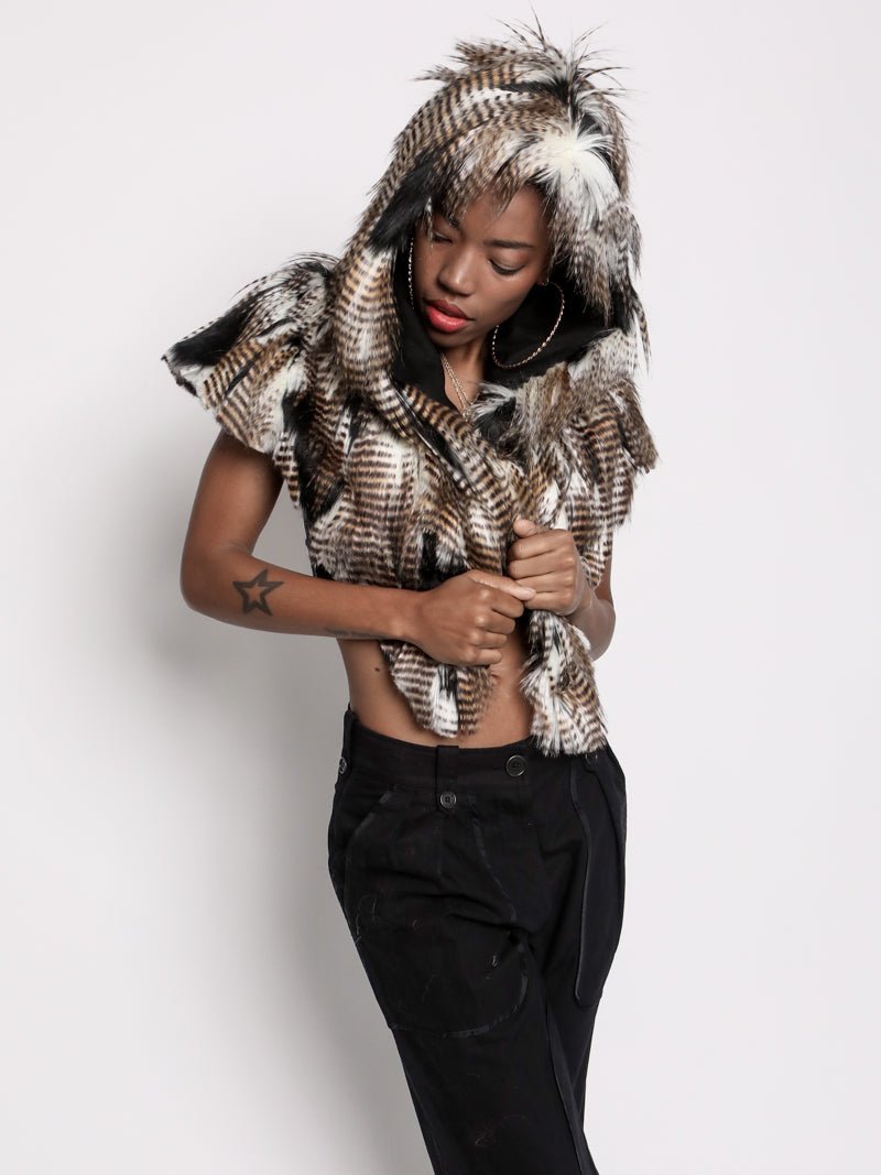 Woman wearing faux fur Falcon Shawl SpiritHood