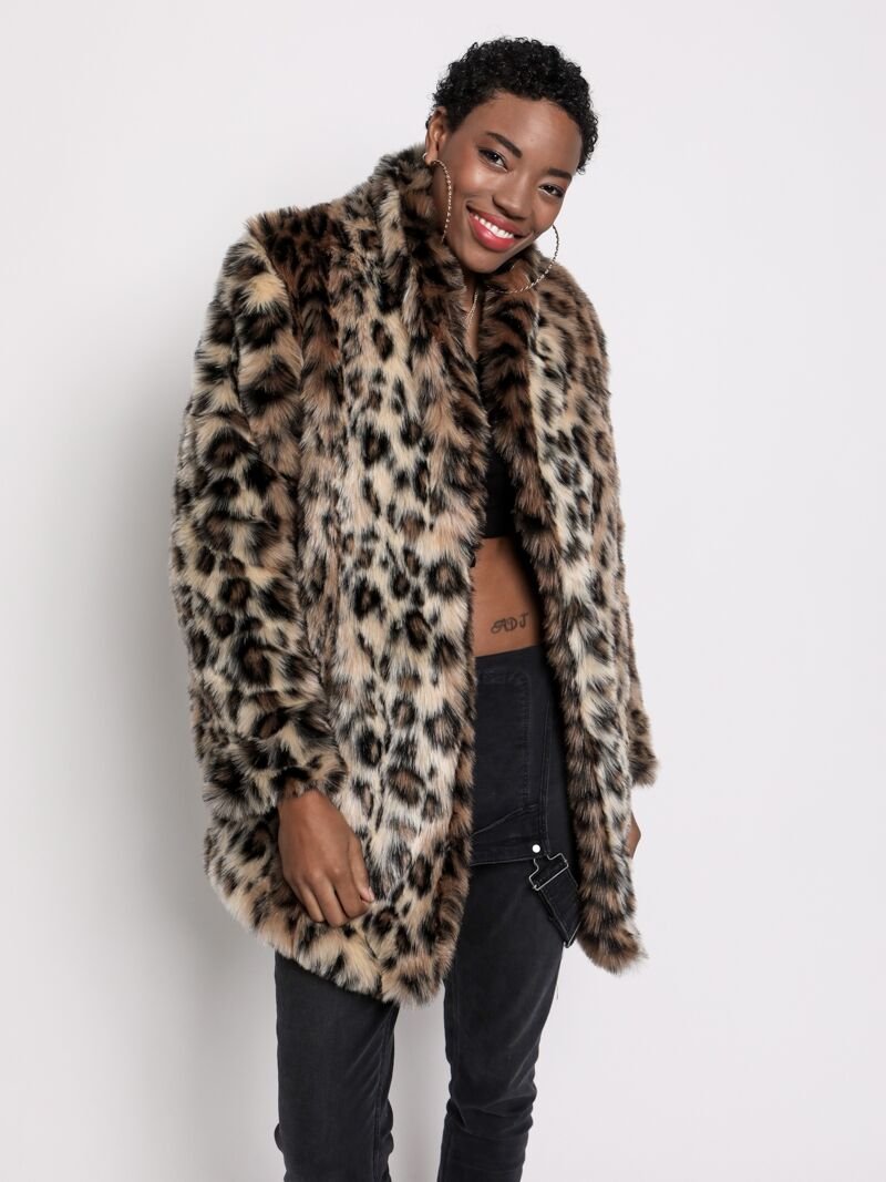 Tan and Black Leopard Collared Faux Fur Coat on Female