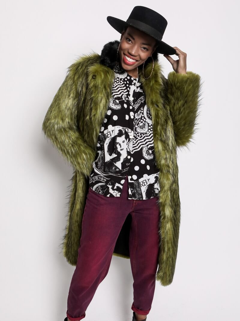 Green and Black Jade Fox Faux Fur Calf Length Coat on Female