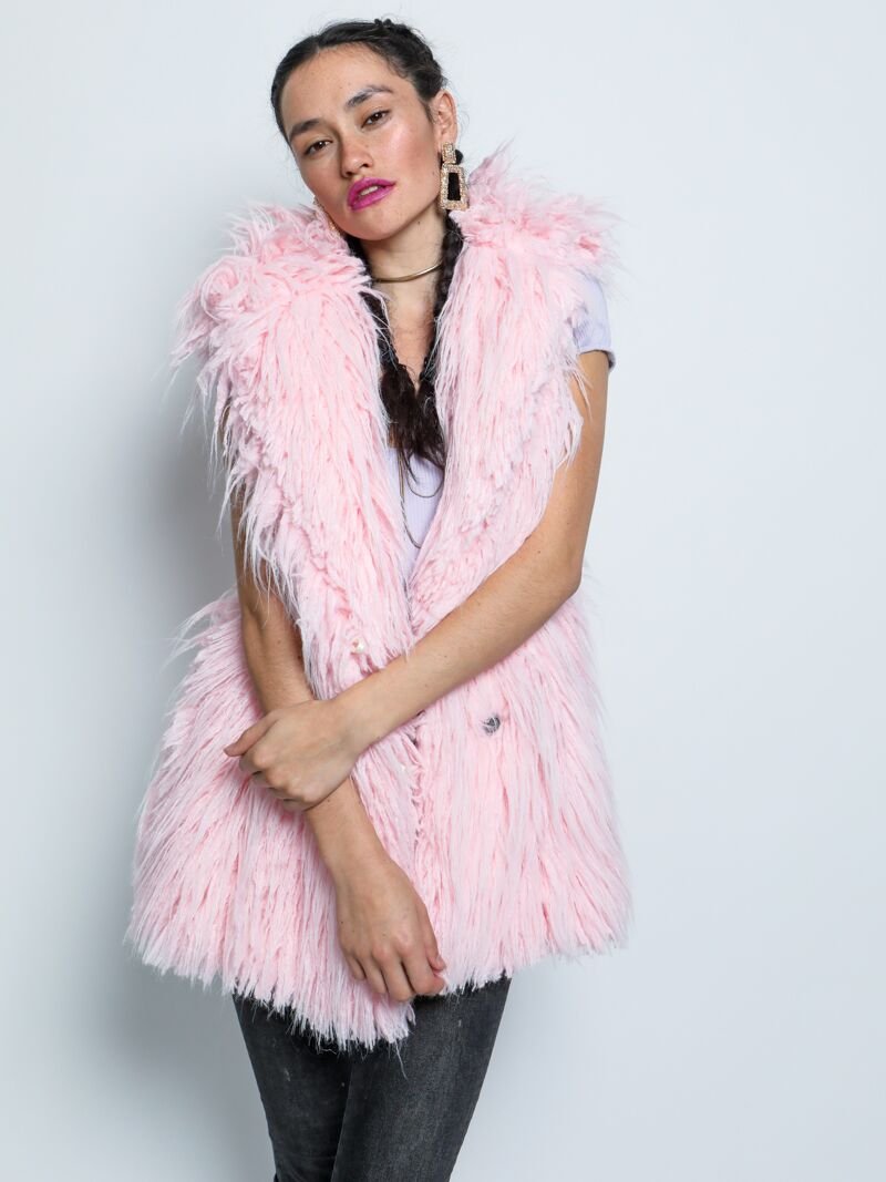 Woman wearing Flamingo Faux Fur Vest, front view 3