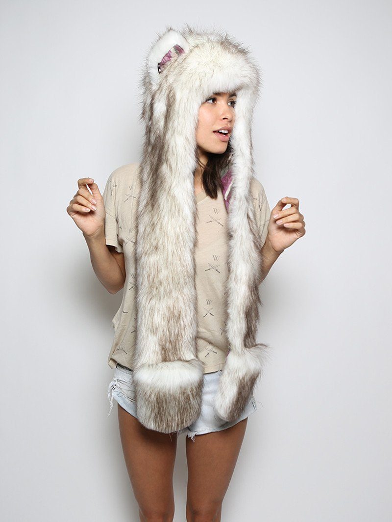 Woman wearing Brown Husky Purple Rain Faux Fur SpiritHood, side view 1