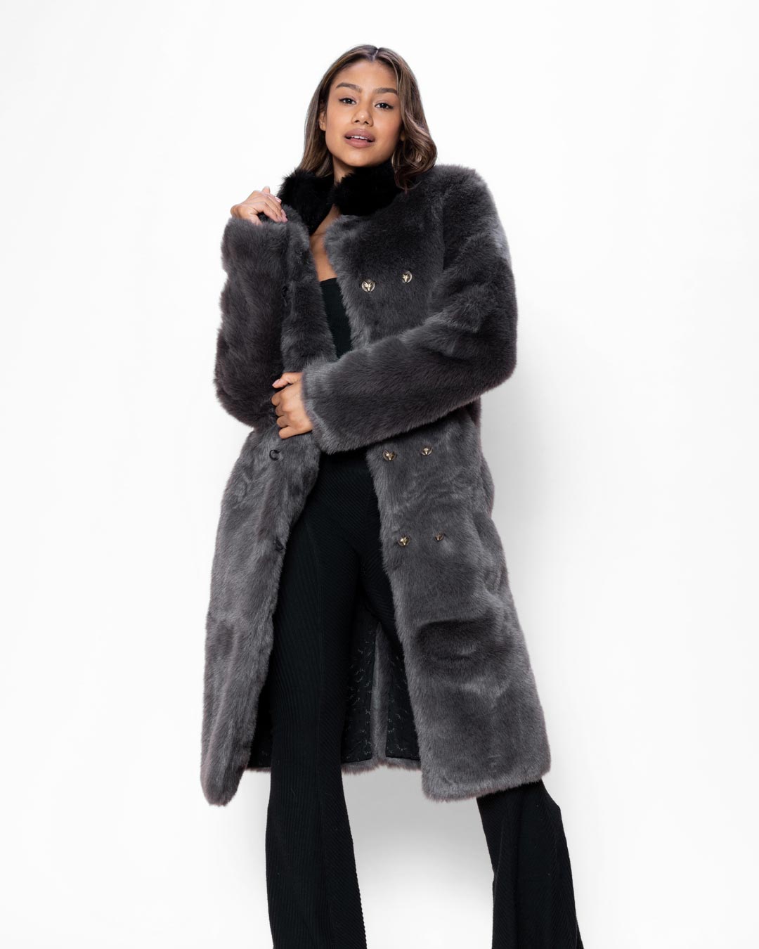 Grey Fox Calf Length Faux Fur Coat | Women's - SpiritHoods