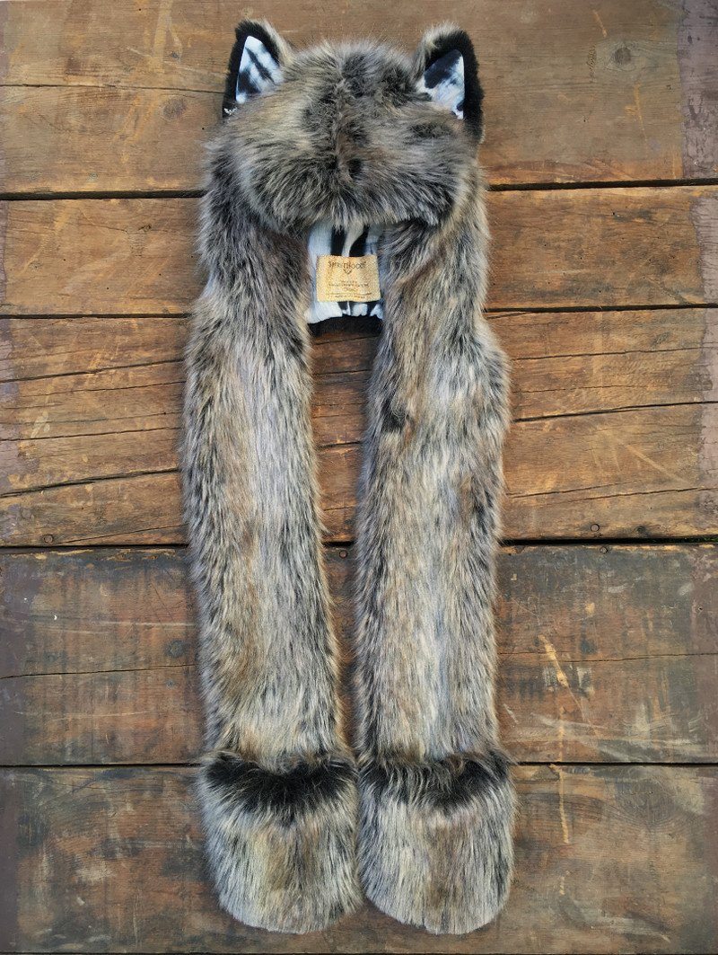 Faux Fur B&W Grey Wolf SpiritHood 