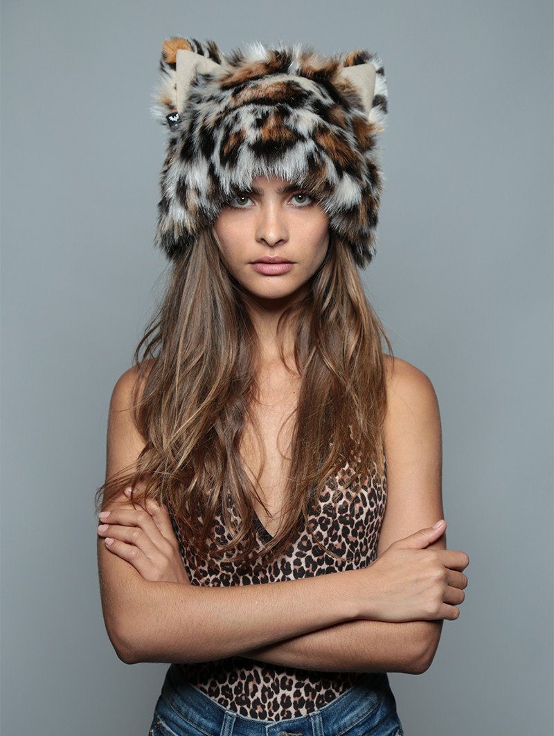 Woman wearing Mother Clouded Leopard Faux Fur Hood, front view