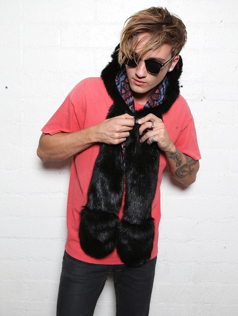 Man wearing faux fur Black Kitty-MeOw! SpiritHood, front view 5