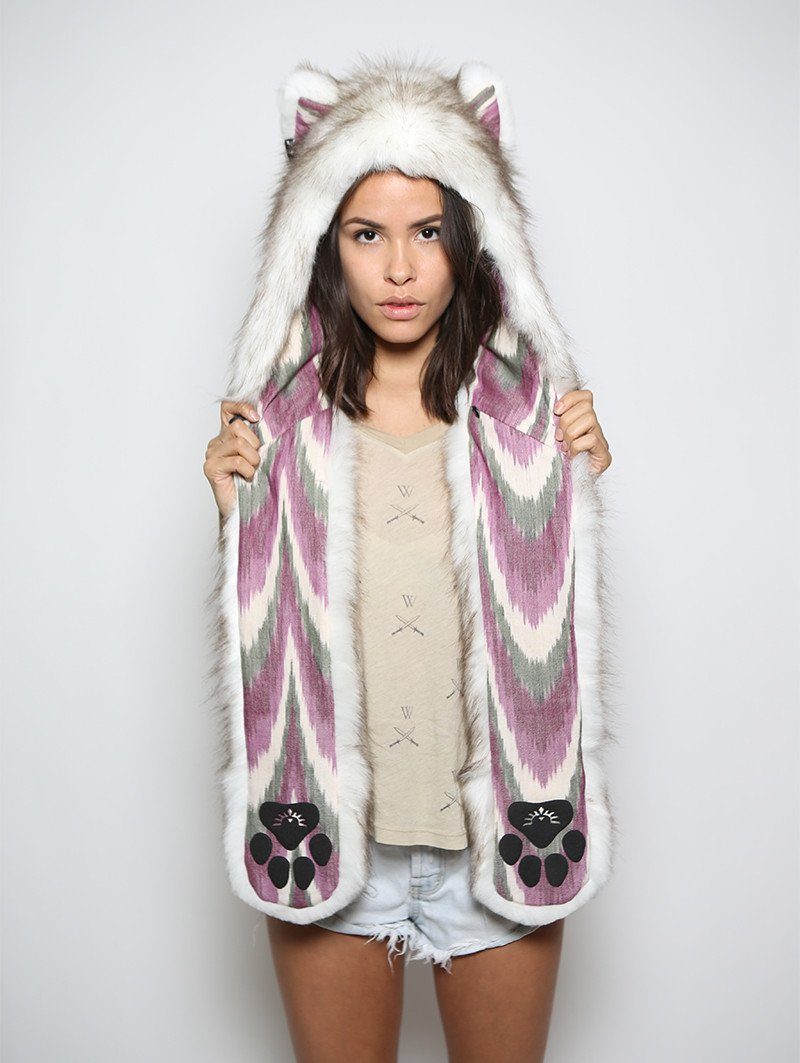 Woman wearing Brown Husky Purple Rain Faux Fur SpiritHood, front view 3