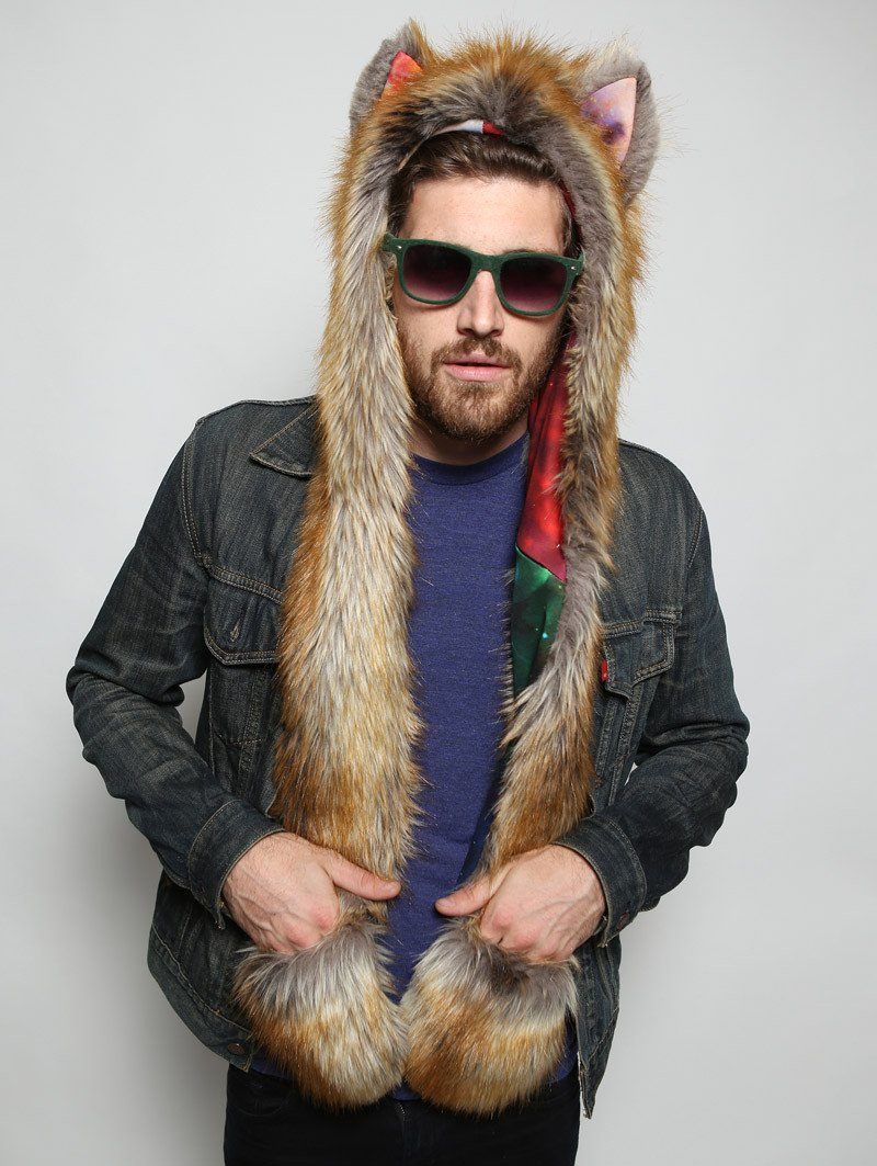 Man wearing The BlackMilk Red Fox Rainbow Galaxy faux fur SpiritHood, front view 2