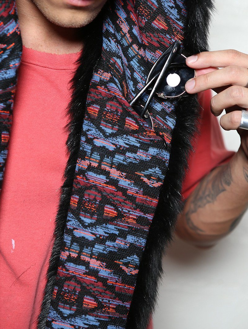 Man wearing faux fur Black Kitty-MeOw! SpiritHood, front view 2