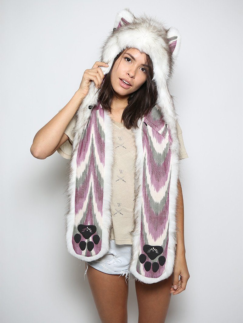 Woman wearing Brown Husky Purple Rain Faux Fur SpiritHood, front view