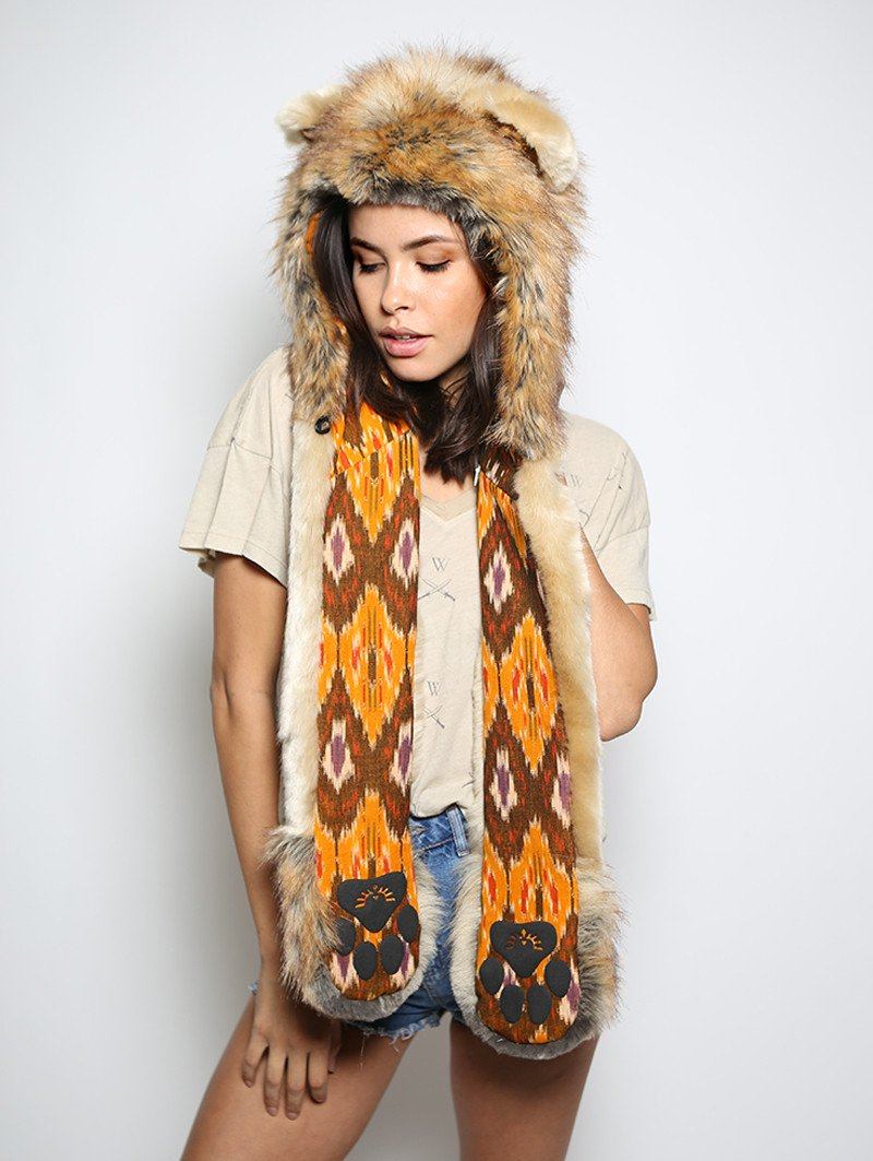 Woman wearing faux fur Cecil The Lion 2.0 Collectors Edition, front view 3