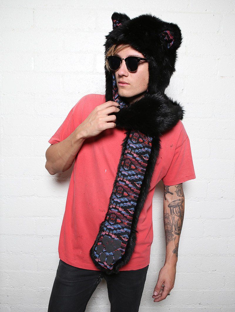 Man wearing faux fur Black Kitty-MeOw! SpiritHood, side view 2