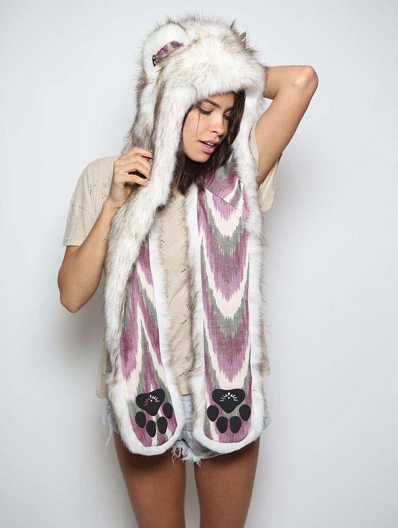 Woman wearing Brown Husky Purple Rain Faux Fur SpiritHood, side view