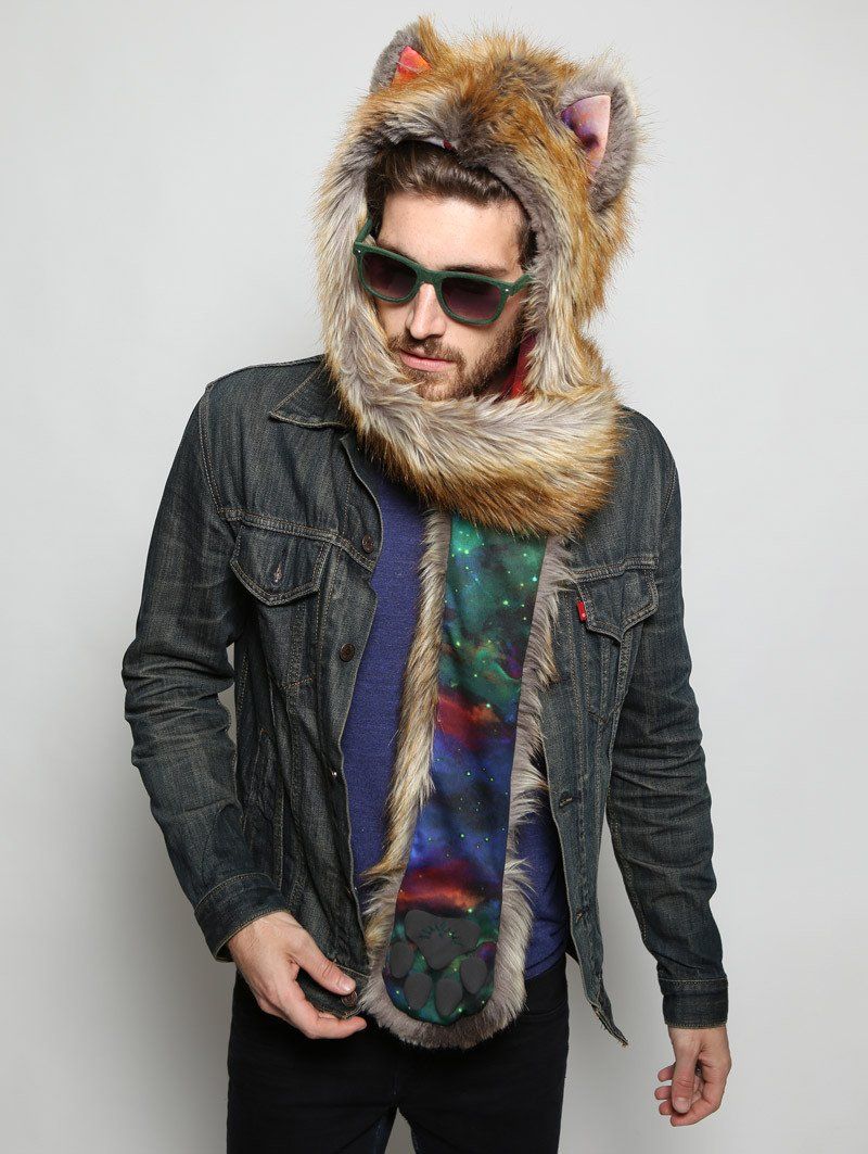 Man wearing The BlackMilk Red Fox Rainbow Galaxy faux fur SpiritHood, front view 6