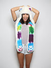 Woman wearing faux fur Arctic Wolf Color Blast Limited Edition SpiritHood, front view 5