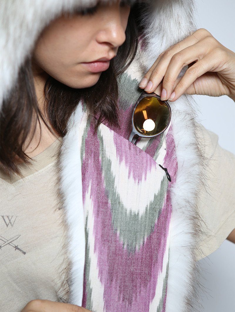 Woman wearing Brown Husky Purple Rain Faux Fur SpiritHood, front view 1