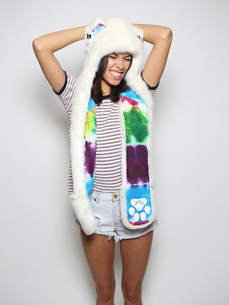 Woman wearing faux fur Arctic Wolf Color Blast Limited Edition SpiritHood, front view 6