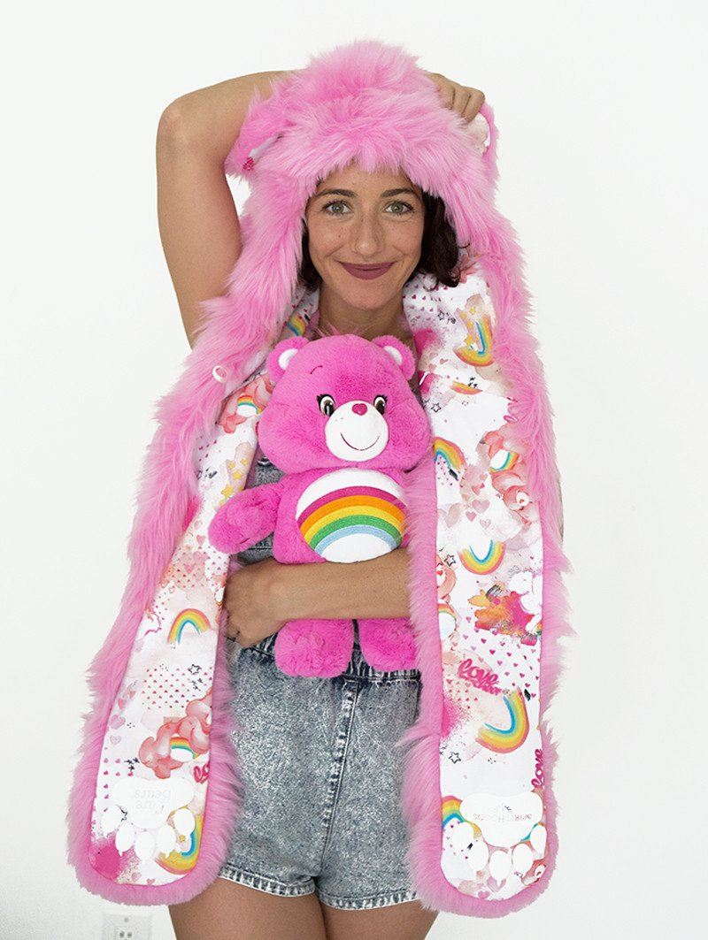 Woman wearing faux fur Cheer Bear Collector Edition SpiritHood, front view