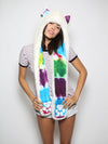 Woman wearing faux fur Arctic Wolf Color Blast Limited Edition SpiritHood, front view 7