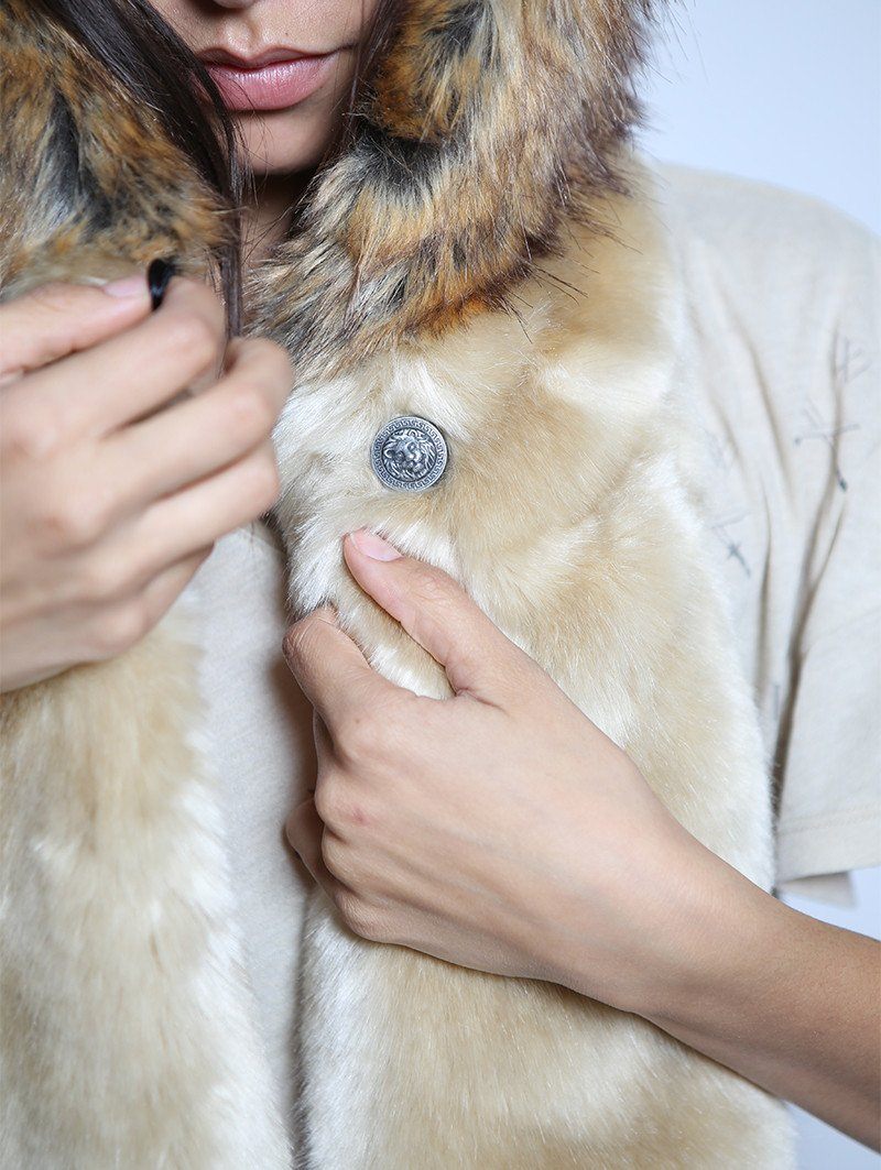 Woman wearing faux fur Cecil The Lion 2.0 Collectors Edition, front view 5