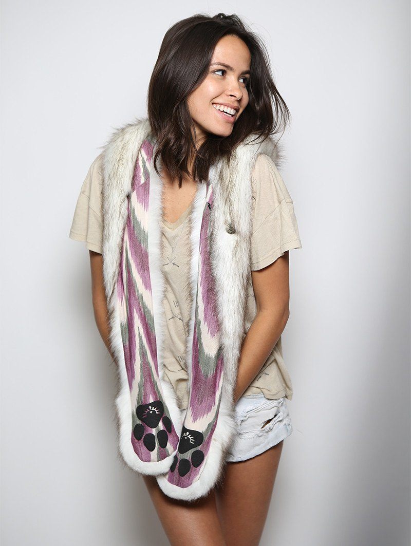 Woman wearing Brown Husky Purple Rain Faux Fur SpiritHood, side view 2