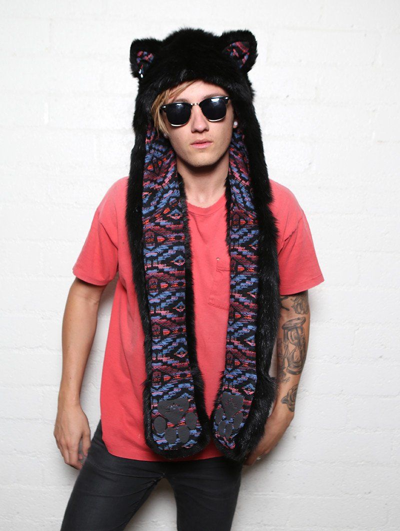 Man wearing faux fur Black Kitty-MeOw! SpiritHood, front view 4